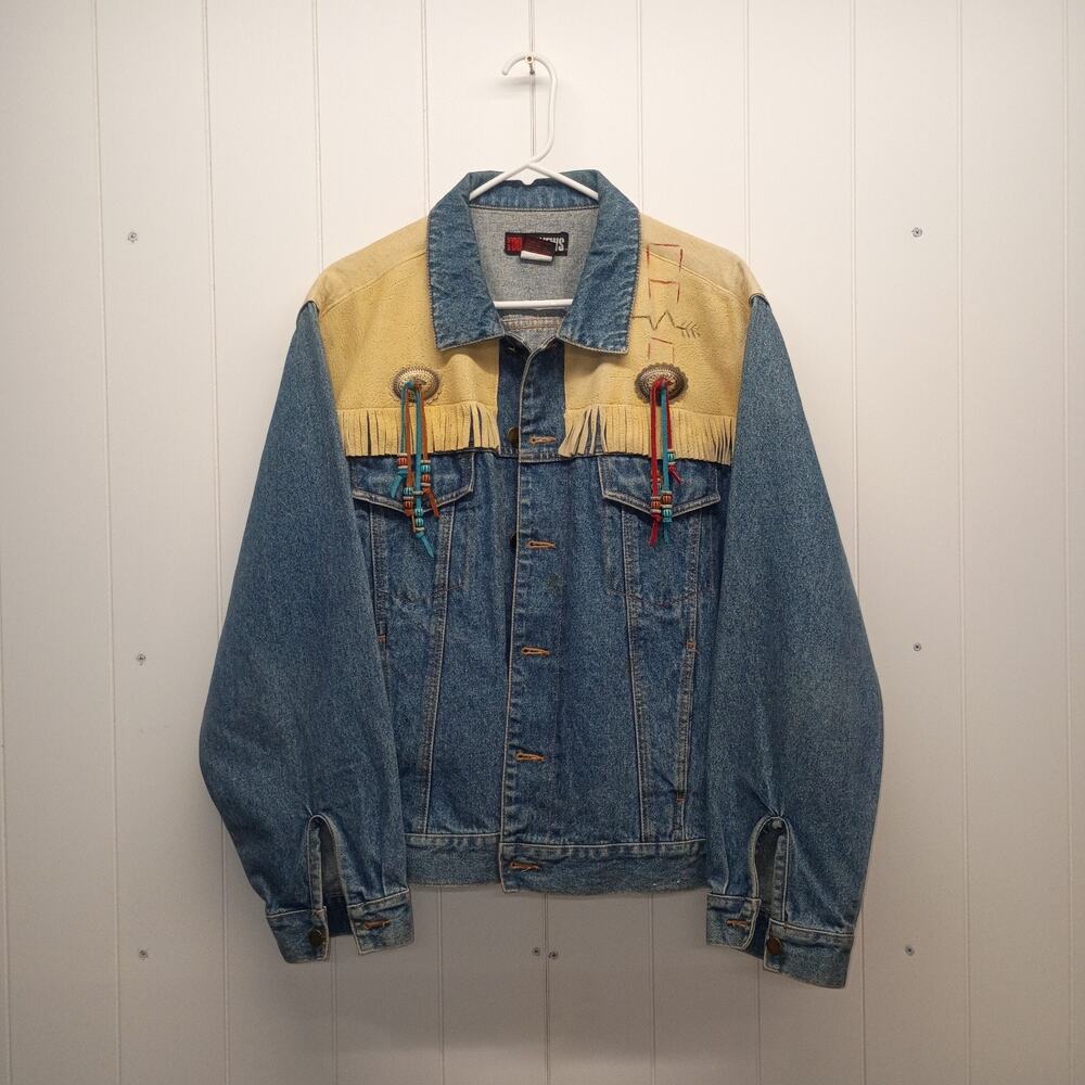 Vintage Todays News Southwestern Denim Jacket Large Fringe Concho Kokopelli West